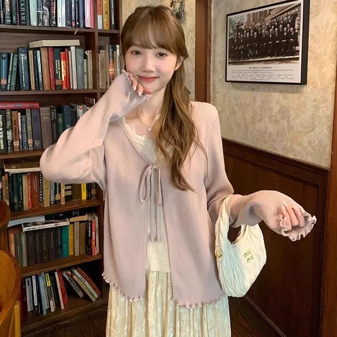 紫色假两件长袖针织衫女秋2025秋季新款温柔风撞色拼接系带上衣