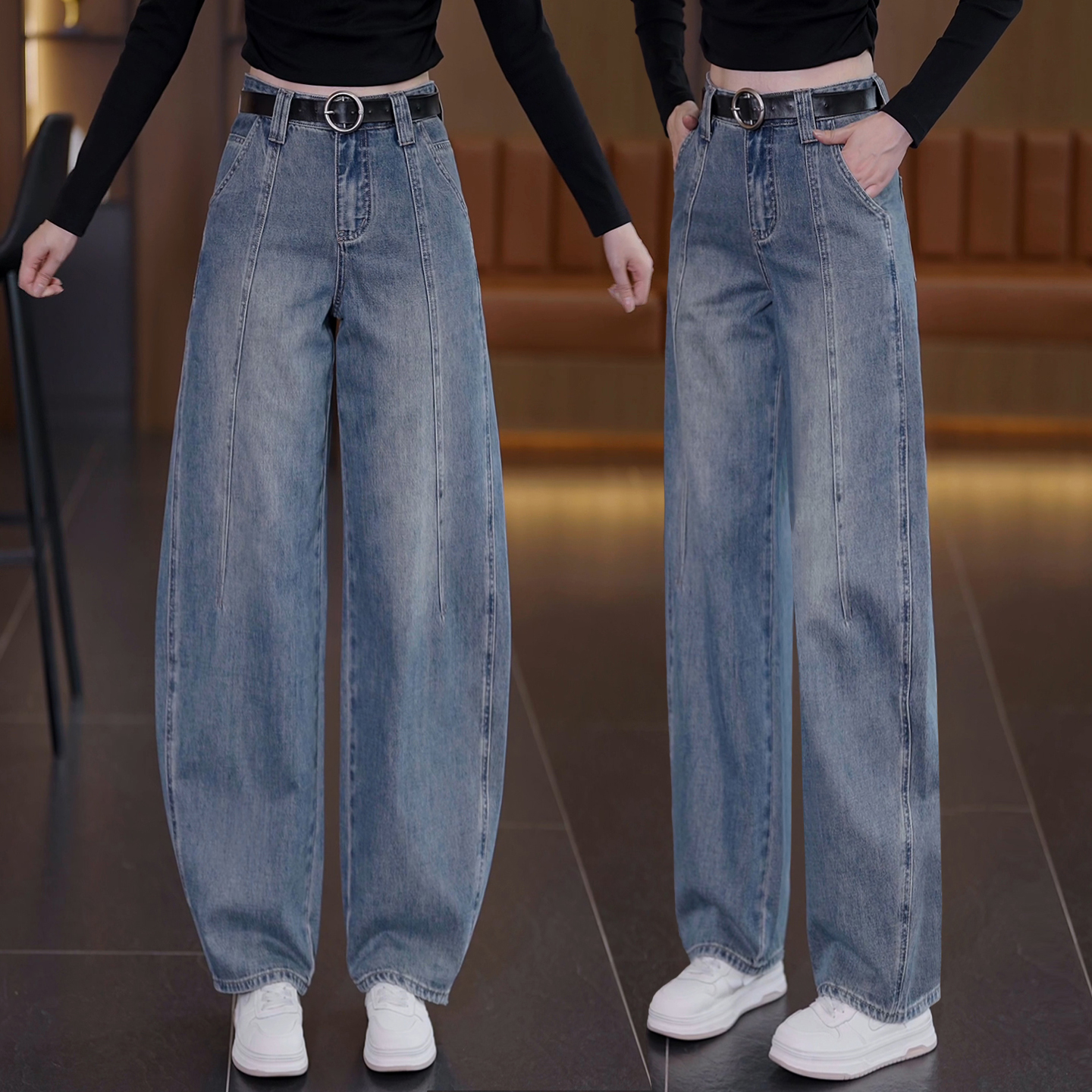 弯刀牛仔裤女春秋季2025新款高腰显瘦阔腿裤复古百搭宽松香蕉裤子