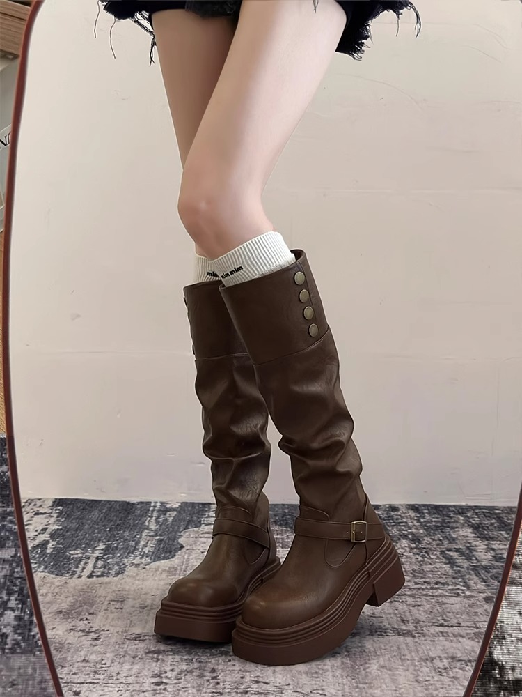 高级复古英伦风粗跟厚底长筒靴女2025新款秋冬季显瘦靴子女长筒靴