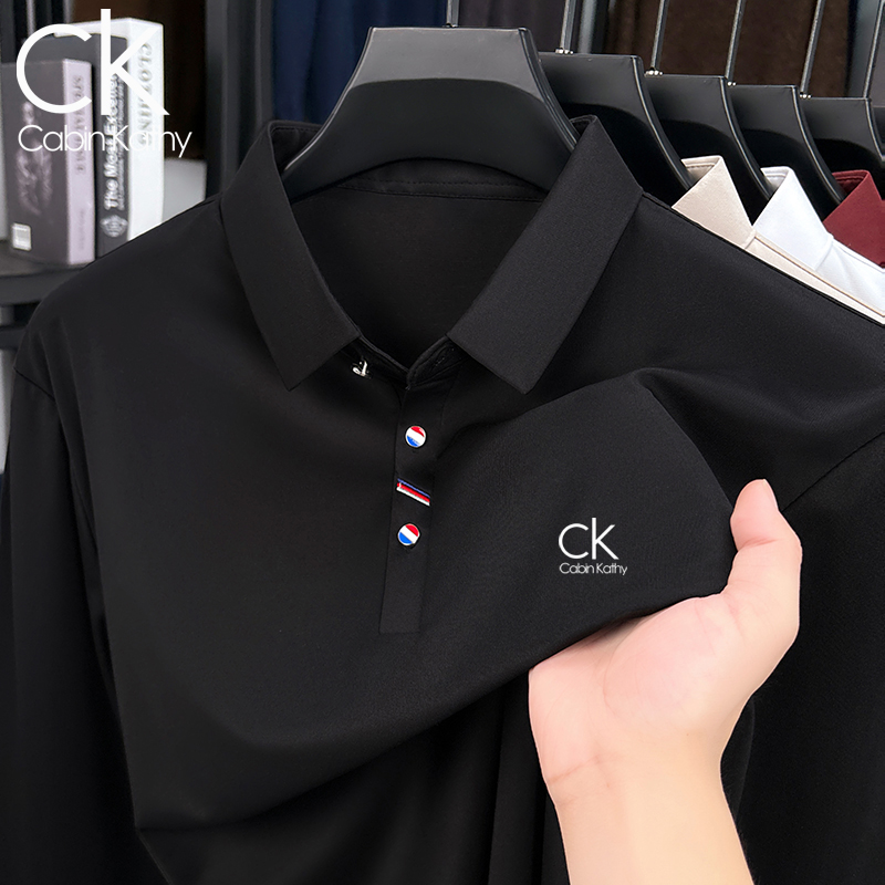 ck正品【海外撤柜】秋季新款桑蚕丝长袖t恤男士翻领时尚薄款Polo衫