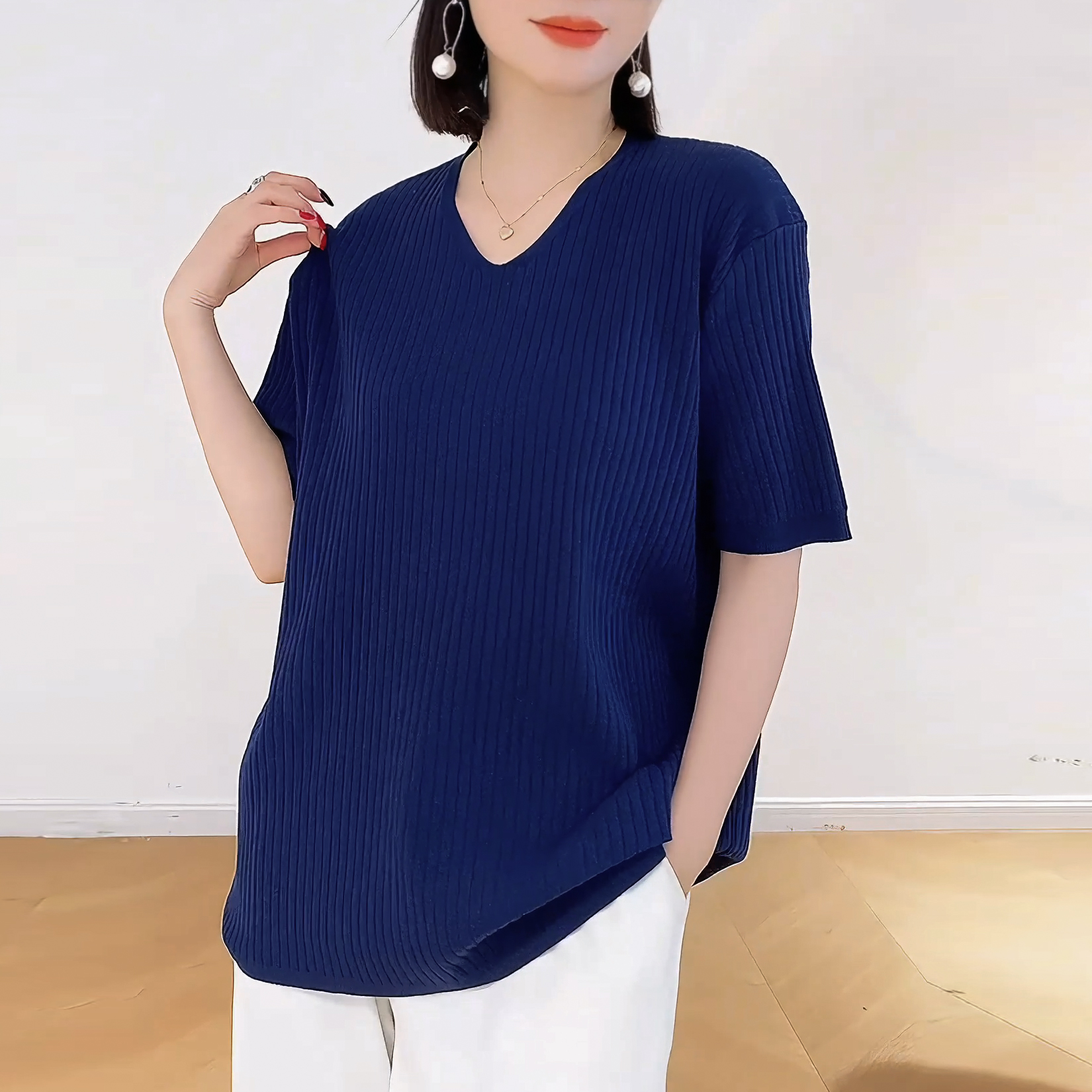 夏季女V领套头款休闲风毛针织衫宽松洋气纯色简约设计圆领百搭T恤