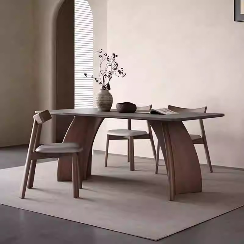 现代简约岩板餐桌椅组合胡桃色实木南康餐桌小户型家用长方形饭桌