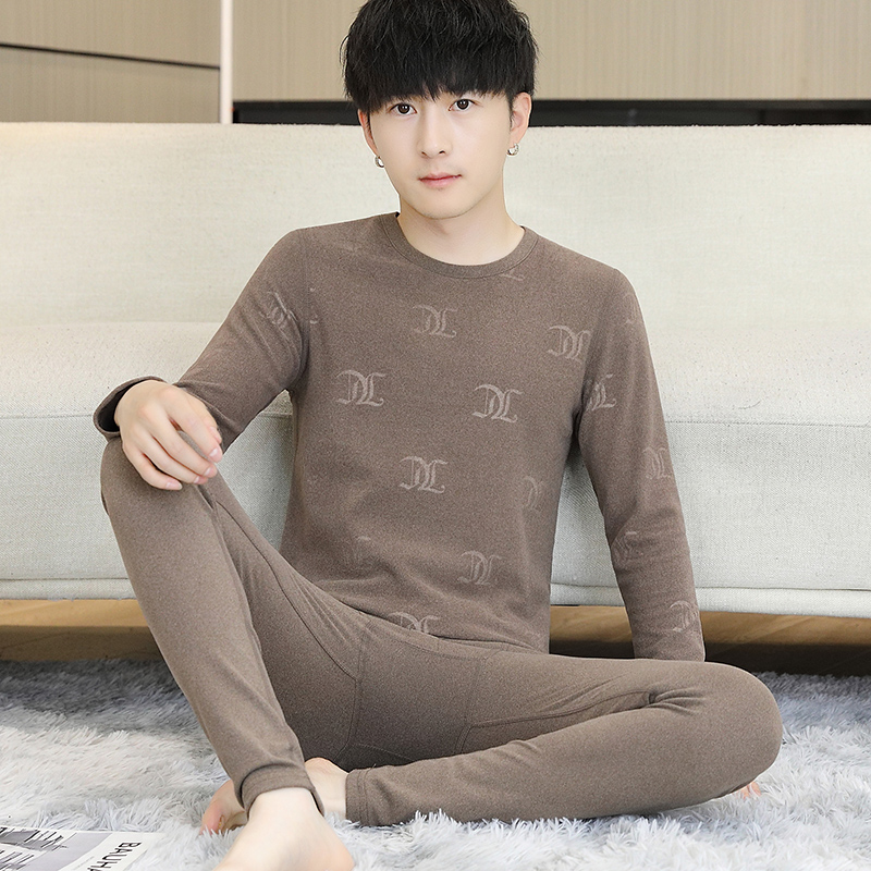 新款青少年圆领保暖内衣套装男德绒学生加绒打底厚款秋衣秋裤男