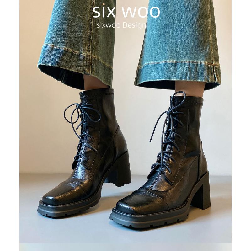 牛皮版~系带高跟马丁靴增高2025秋冬瘦瘦靴子英伦风软面短靴女