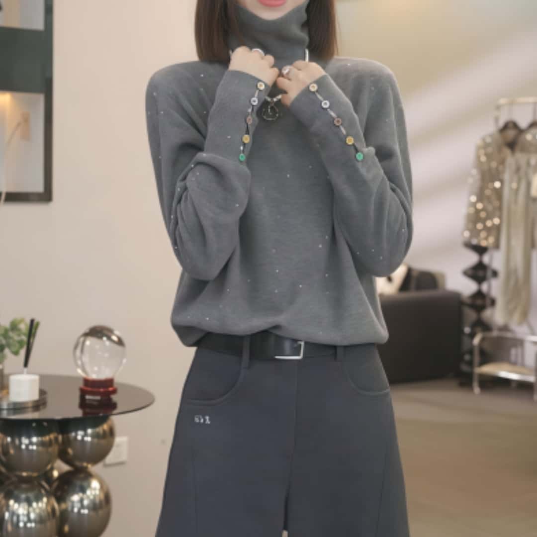 秋冬新款宽松星空袖口高领长袖针织打底衫女2025时尚百搭休闲上衣