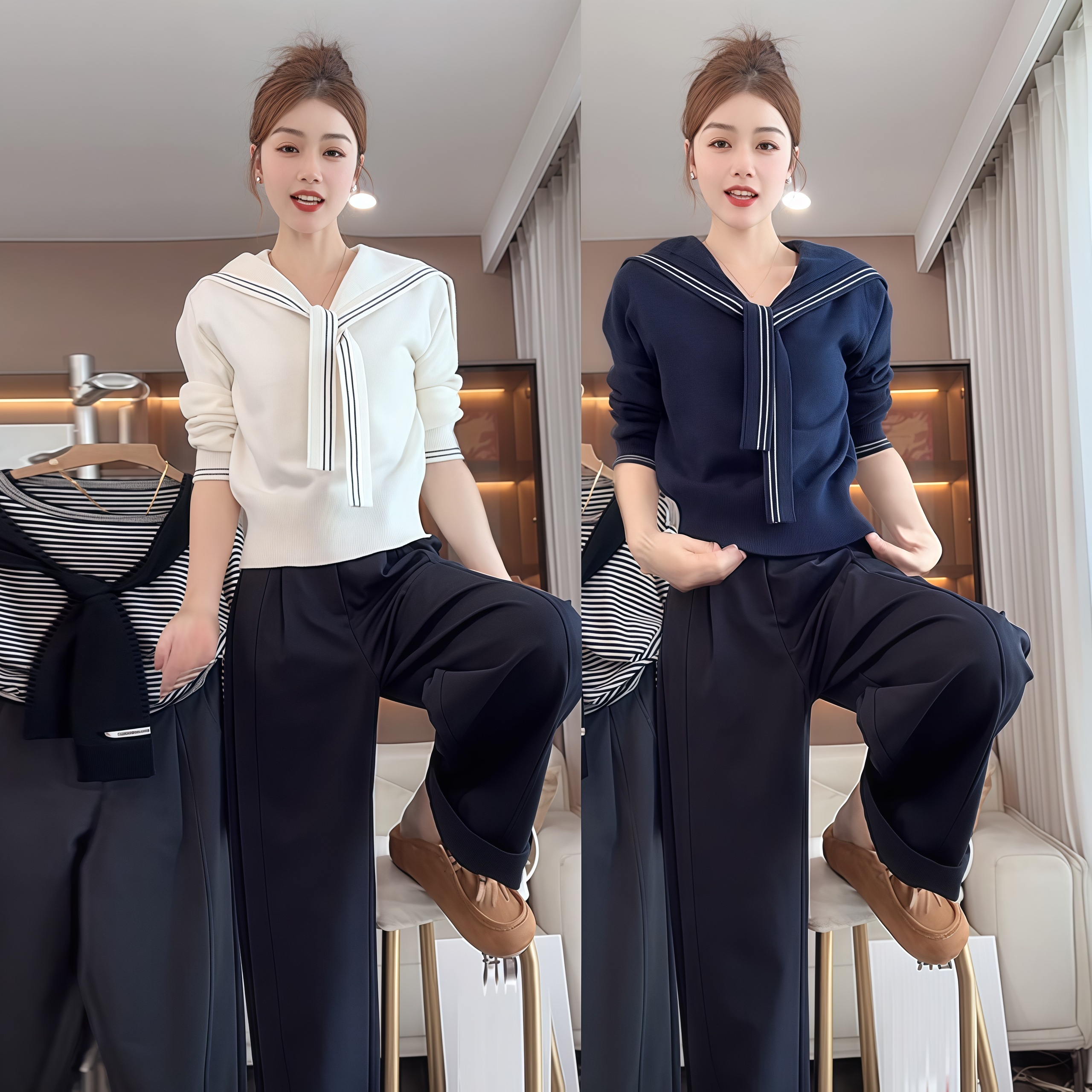 海军领韩系宽松女短款气质毛针织衫假两件秋季显瘦百搭学院小香风