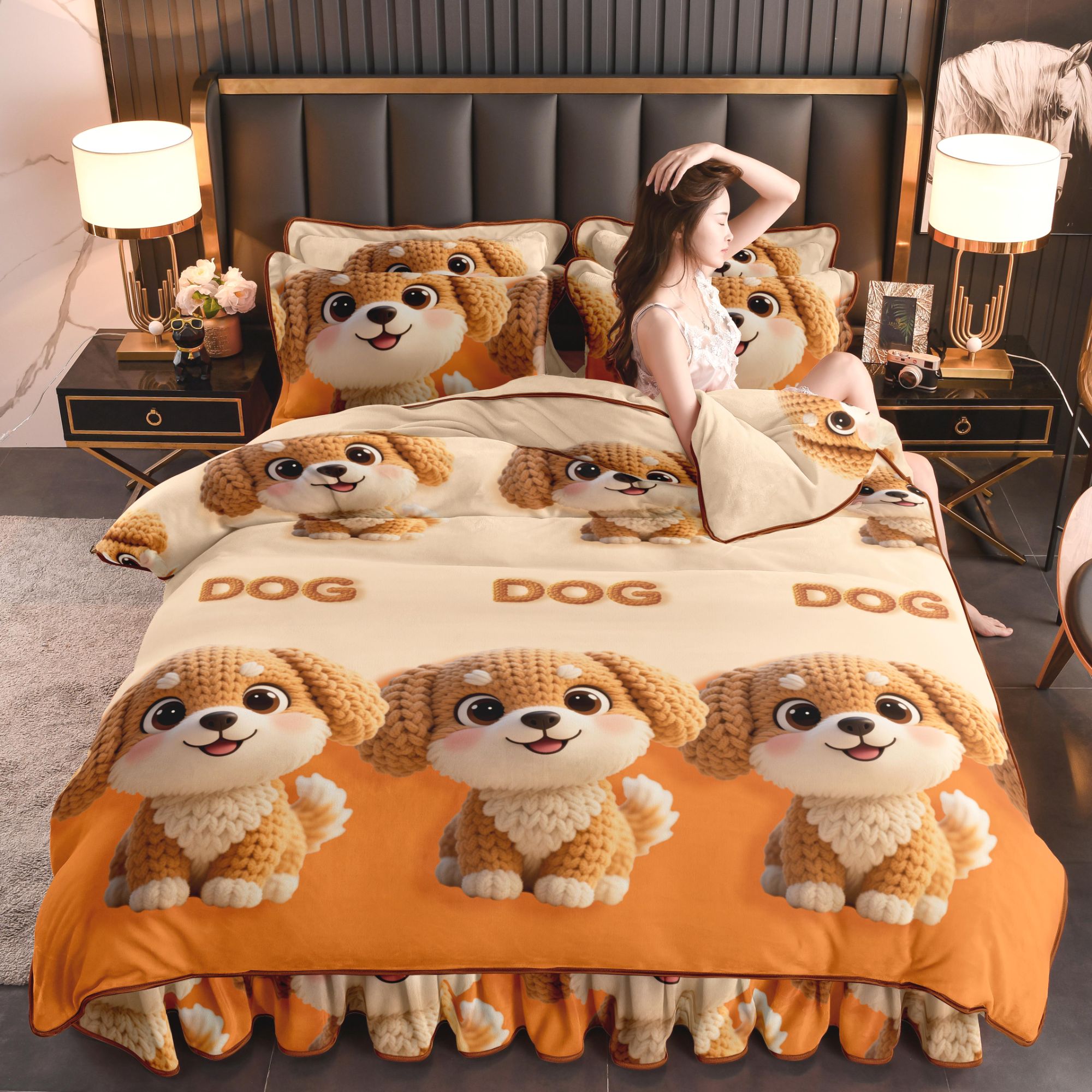 爱哩屋5D秋冬加厚床裙款卡通牛奶绒四件套保暖双面绒床单学生宿舍