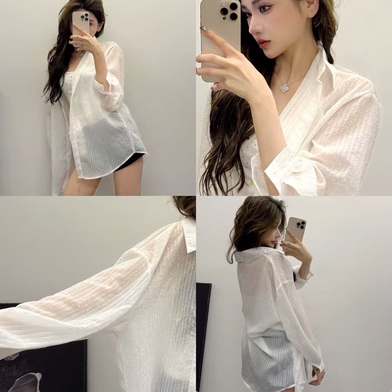 浠儿姐姐 重工七彩五角星钻防晒衫翻领轻薄开衫显瘦衬衫闪闪上衣
