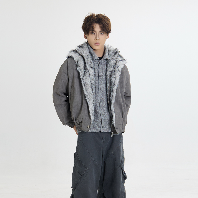 CDDR美式假两件双层保暖毛领棉服男女冬季痞帅潮牌座山雕夹克外套