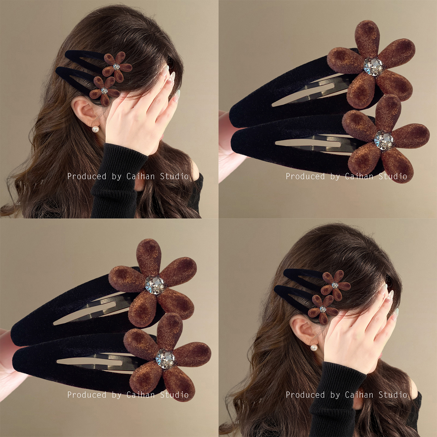 黑巧布朗~复古咖色植绒花朵发夹边夹侧边秋冬氛围感刘海夹盘发器