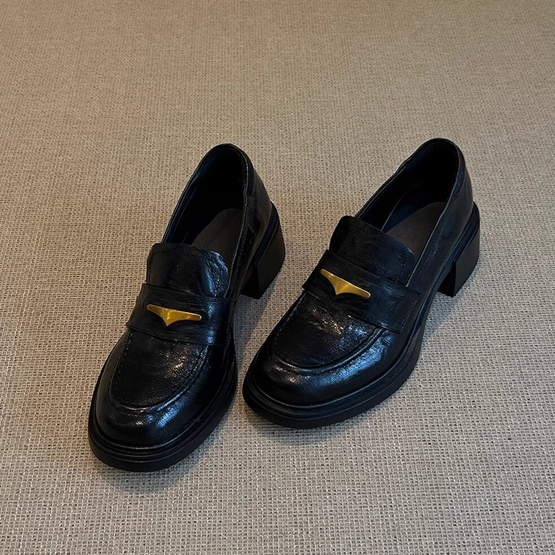 羊皮版~英伦风简约百搭粗跟乐福鞋女新款春季一脚蹬厚底小皮鞋女