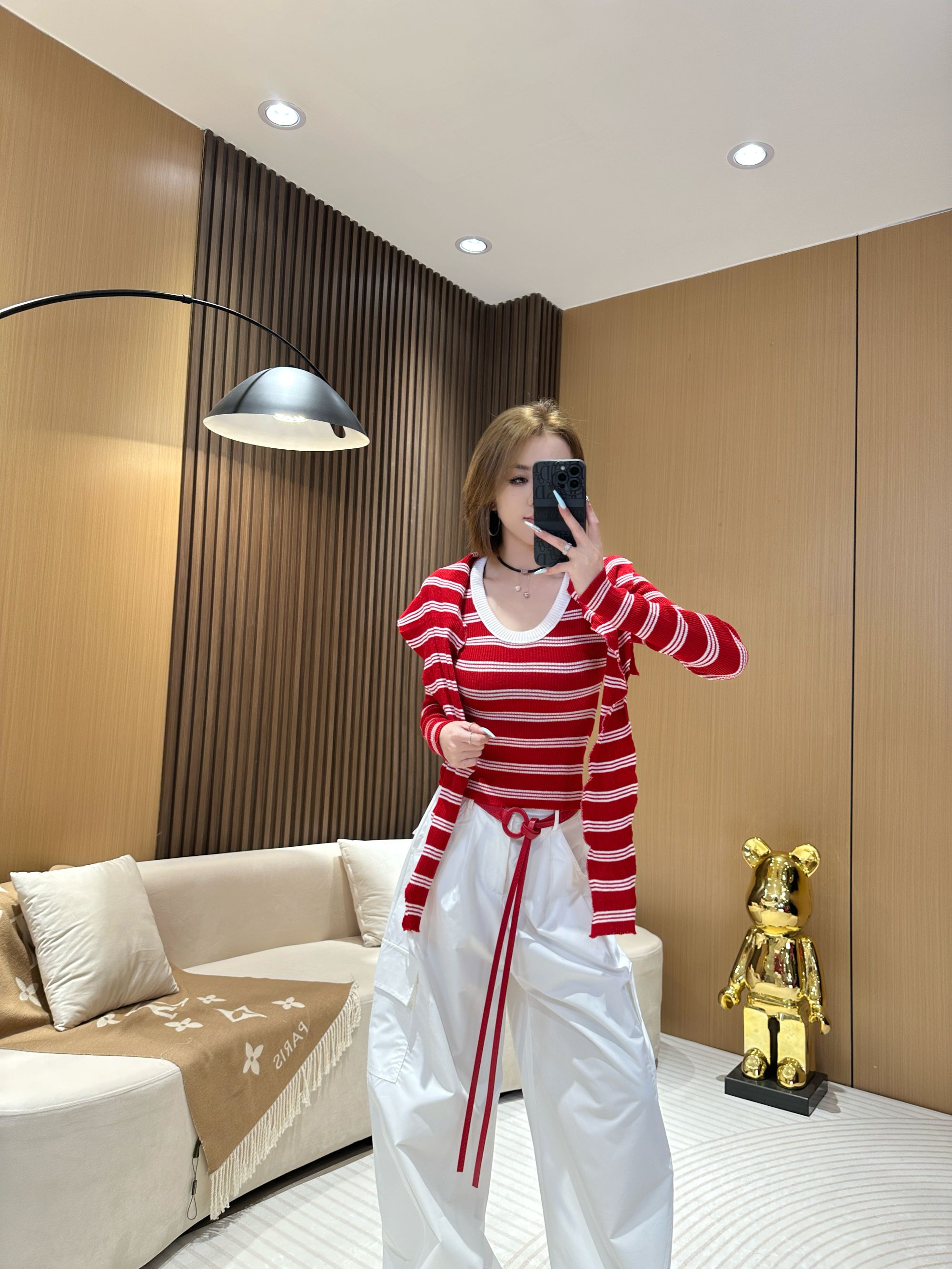 DA5598条纹撞色针织T恤+不规则披肩两件套 秋季时尚显瘦百搭上衣