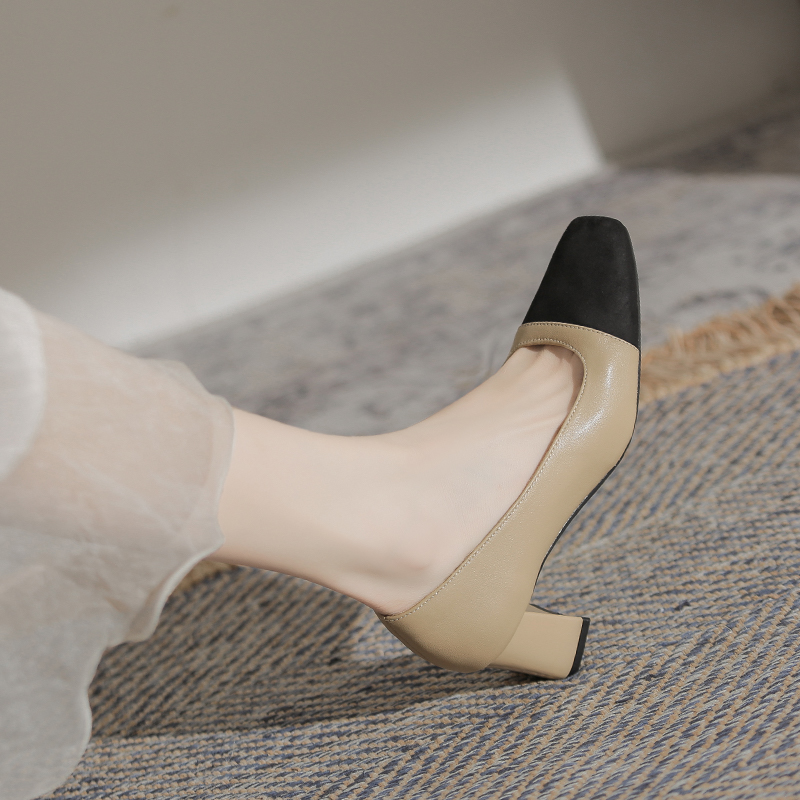 牛皮拼色小香风粗跟单鞋女2025春秋新款方头浅口妈妈中跟高跟鞋子