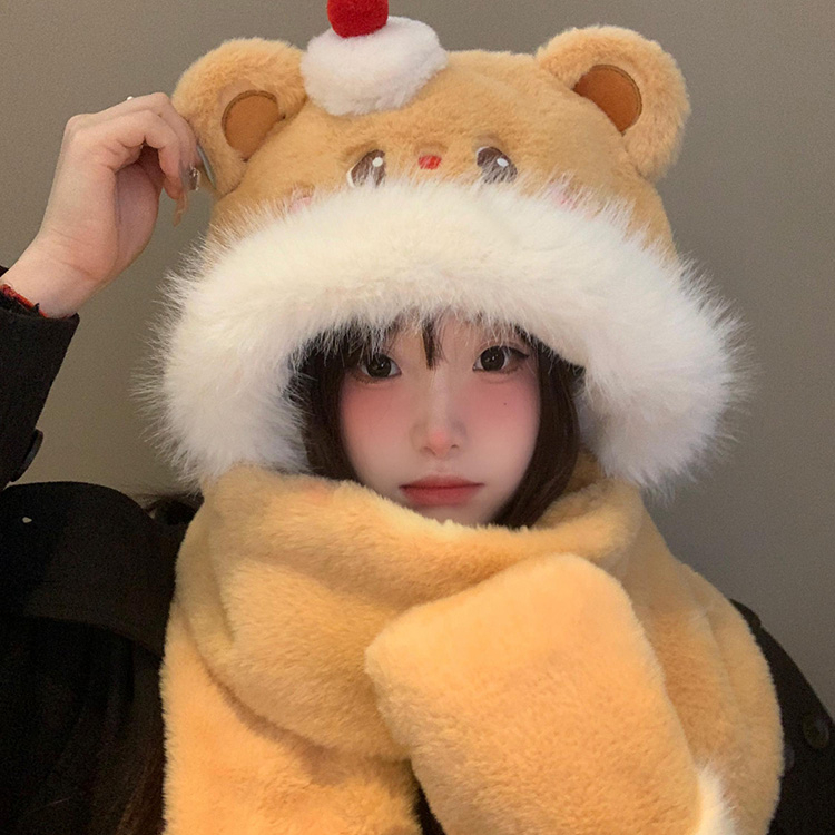 可爱蛋糕小熊帽子围巾一体女秋冬季保暖防寒显脸小护耳雷锋帽MMM