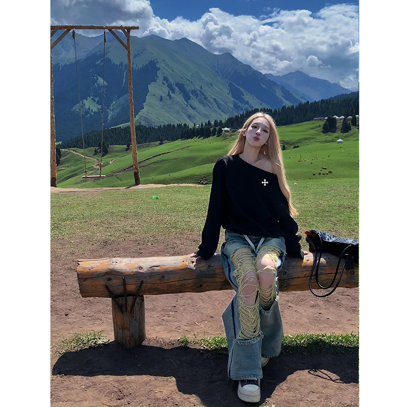 WRXS  纯欲酷辣设计感斜肩卫衣女秋冬季小众别致美式慵懒长袖上衣