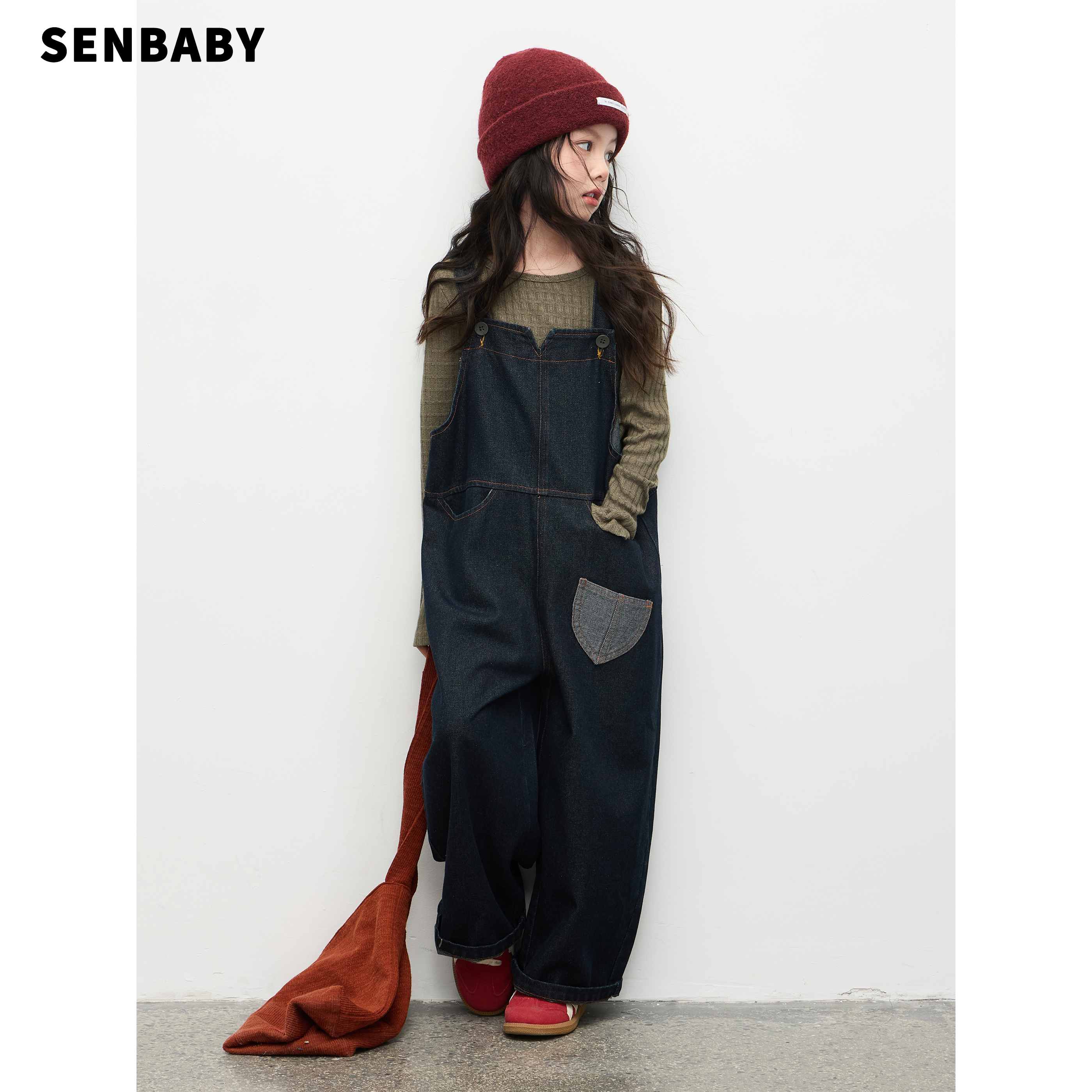 【现货】senbaby女童秋装牛仔宽松背带裤洋气喇叭袖打底衫两件套