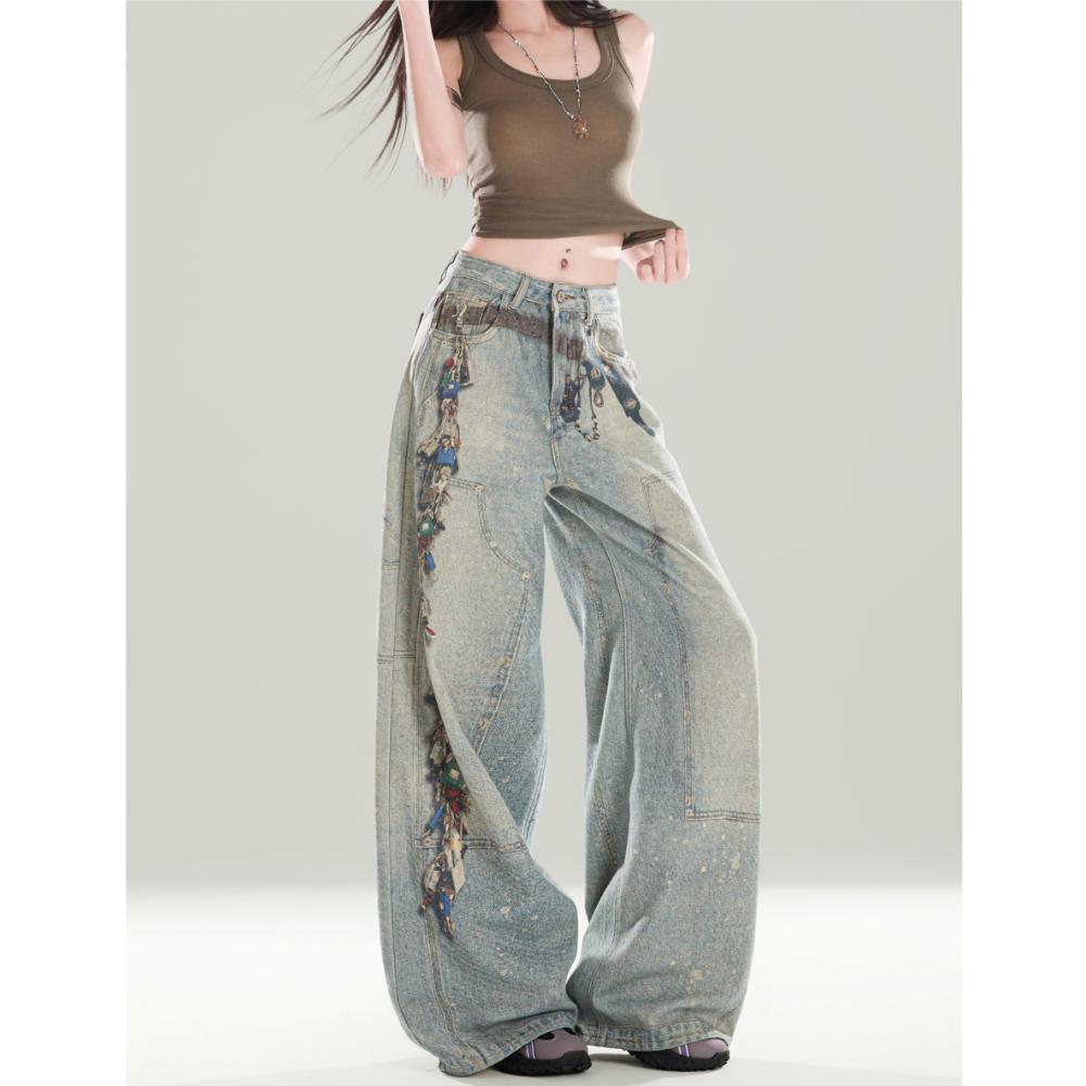 【清仓+运费险】美式设计感印花牛仔裤女夏季高腰显瘦直筒阔腿裤