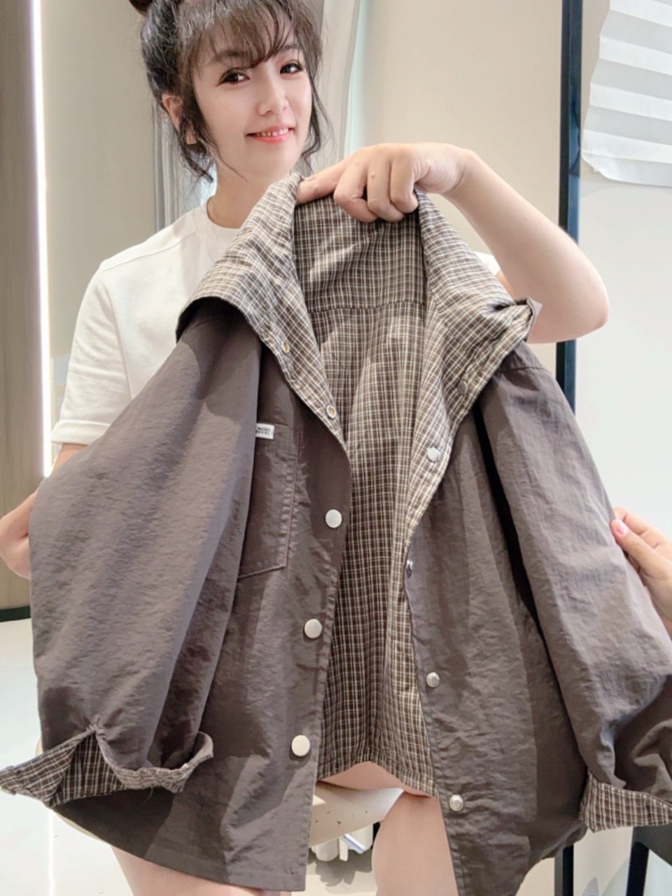 男童双面穿外套2025春秋新款儿童格子连帽上衣中大童时髦男孩潮款