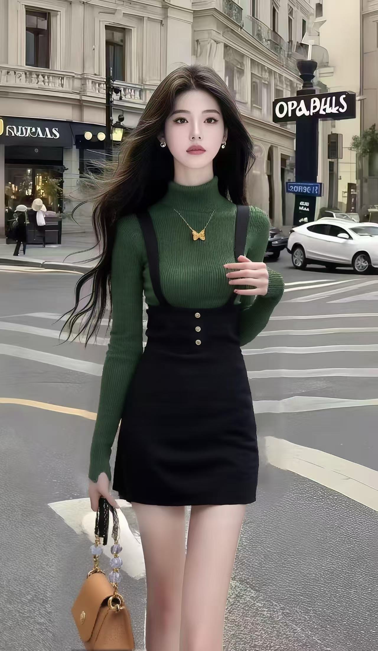 秋季新款氛围感绿色修身长袖针织上衣+黑色高腰背带半身裙女套装