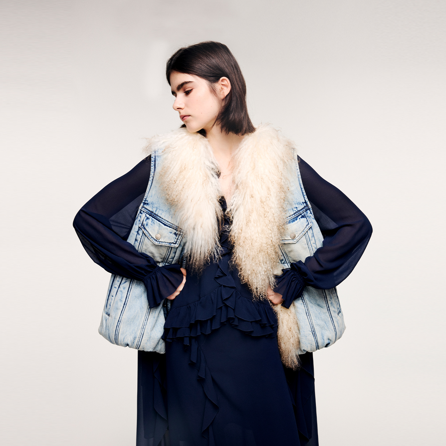 UOOYAA/乌丫2025冬季新款「奇幻都市」type3毛领牛仔棉背心7133