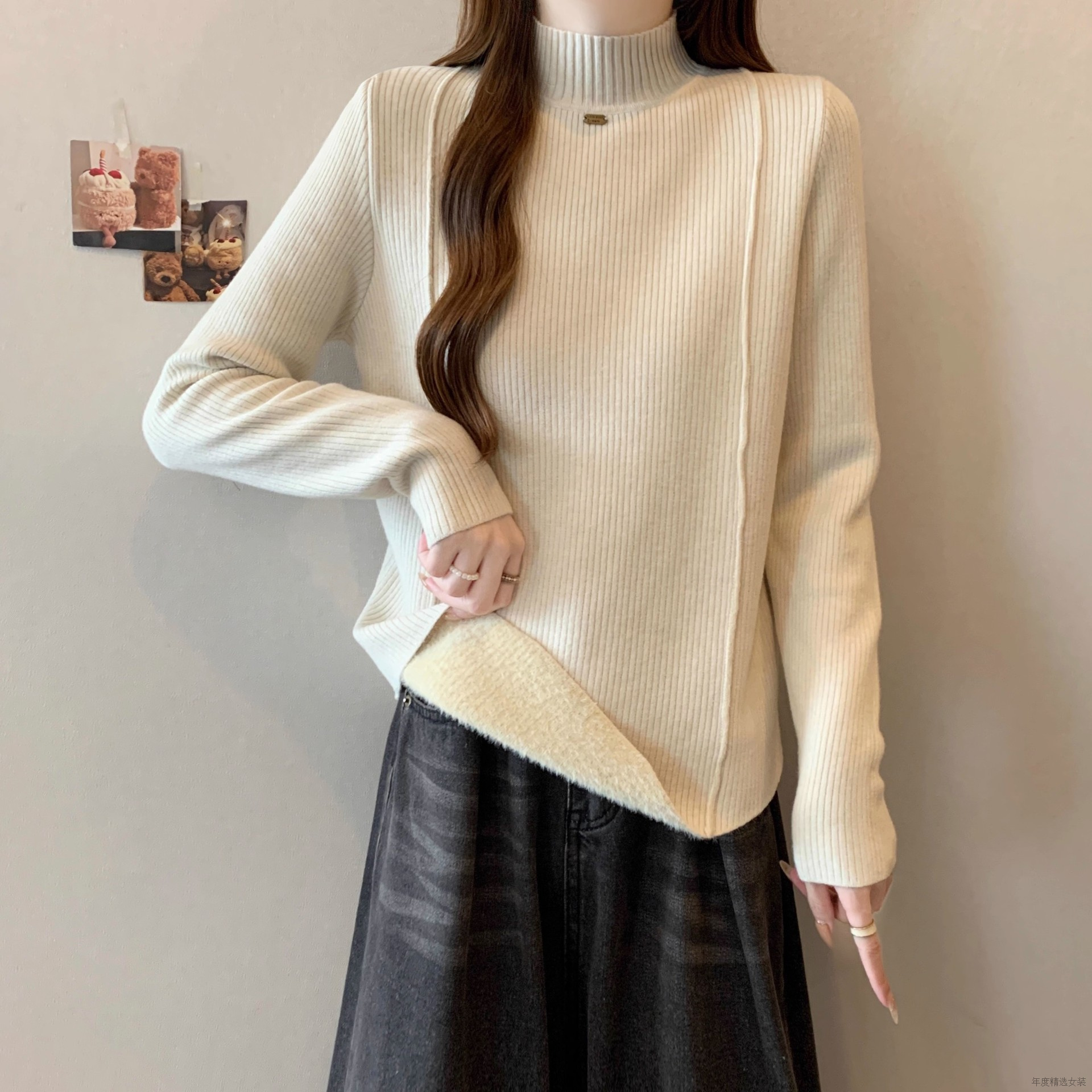 半高领一体绒针织毛衣女秋冬软糯打底衫加绒加厚长袖温柔内搭上衣