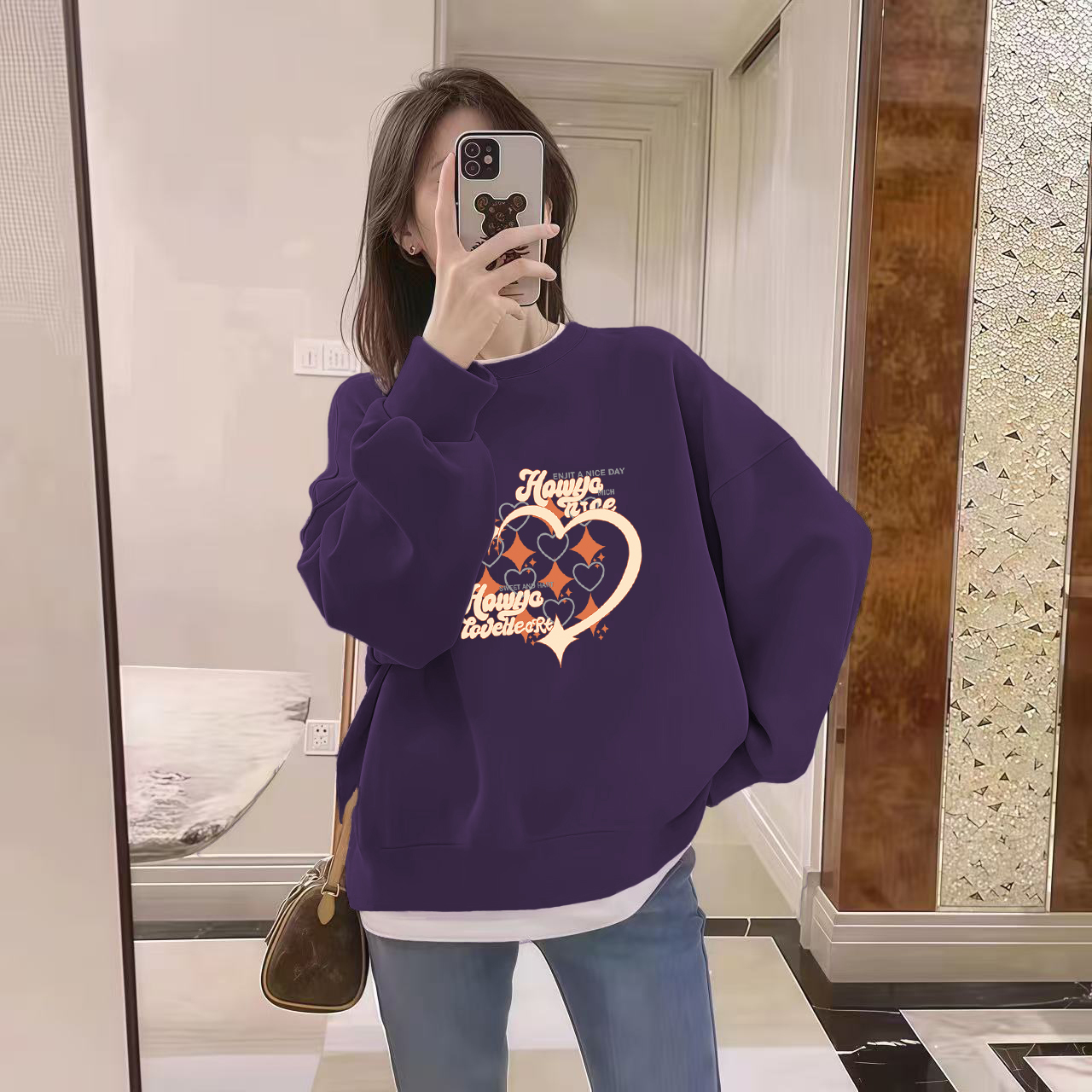 拼接圆领假两件加绒卫衣女秋冬季新款大码宽松显瘦洋气减龄外套潮