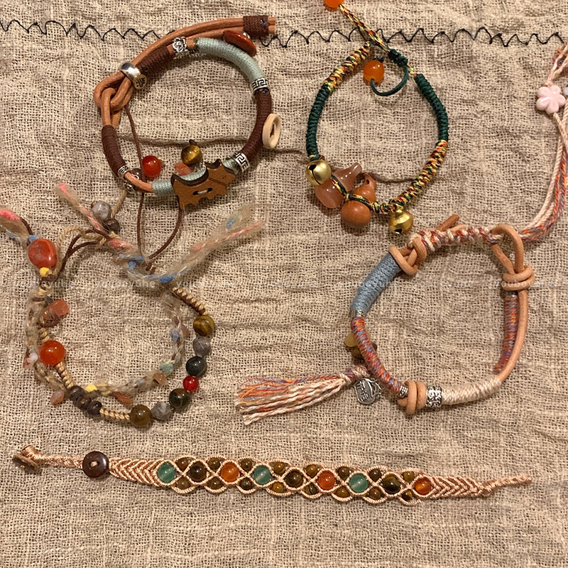 五彩新中式民族风手链可调节手工编织手绳可调节叠戴复古手串潮女