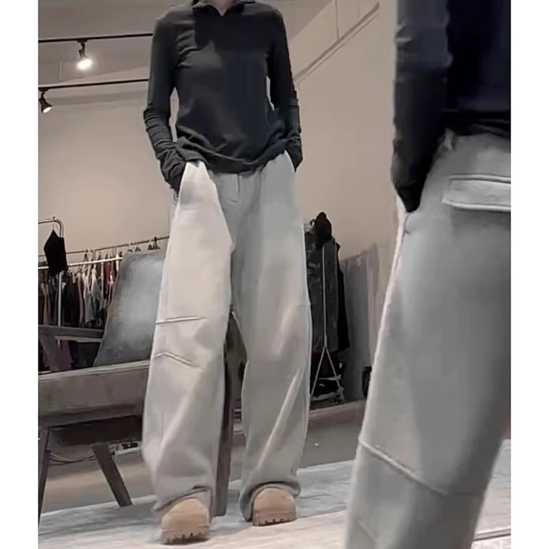 灰色加绒阔腿裤女秋冬季2025新款宽松高腰弯刀拖地显瘦休闲卫裤子