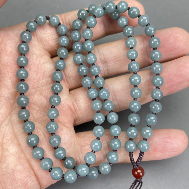 翡翠蓝水卡6毫米打结款珠链时尚百搭长链