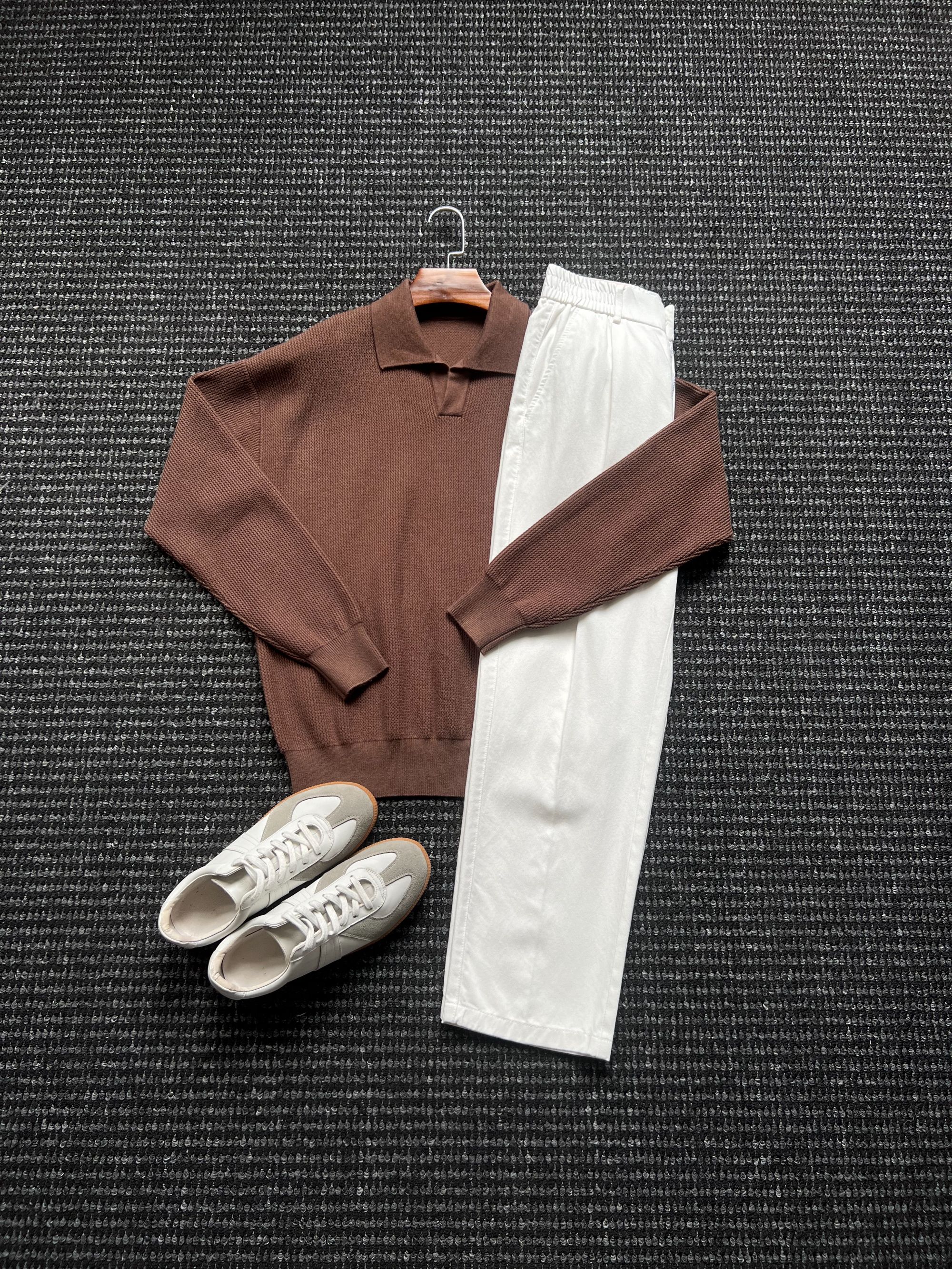 老钱复古羊毛针织衫海鸥领男士V领保暖美式POLO宽松翻领长袖毛衣