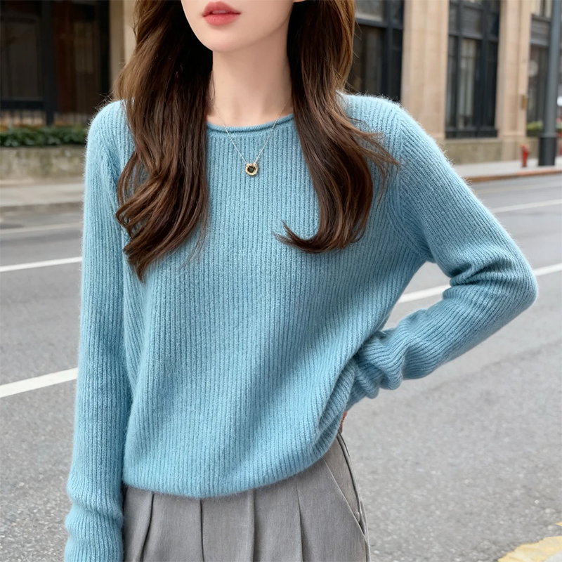 蓝色圆领套头针织衫上衣女内搭秋冬洋气减龄高级感慵懒风软糯毛衣