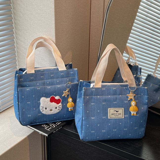 新款简约牛仔蓝KT猫手提包女大容量百搭上班族外出饭盒妈咪便当包