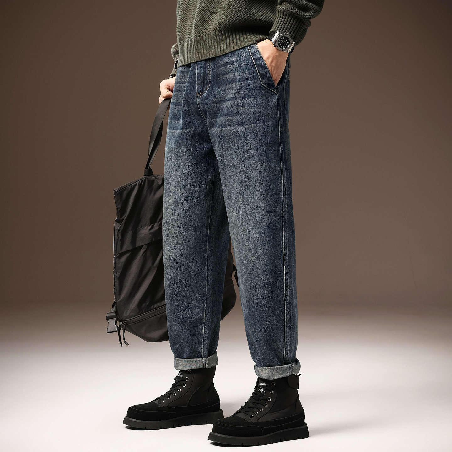 高端美式潮流哈伦牛仔裤子男士冬季新款宽松做旧工装水洗休闲裤男