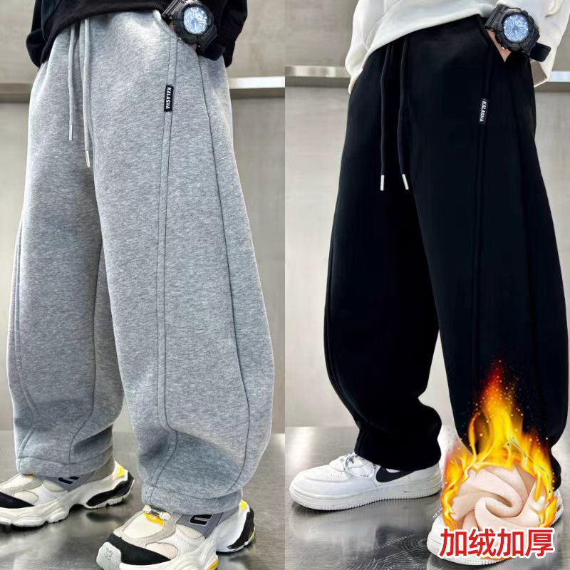 男童冬季加绒裤子一体绒秋冬2025新款中大童弯刀裤儿童灰色运动裤