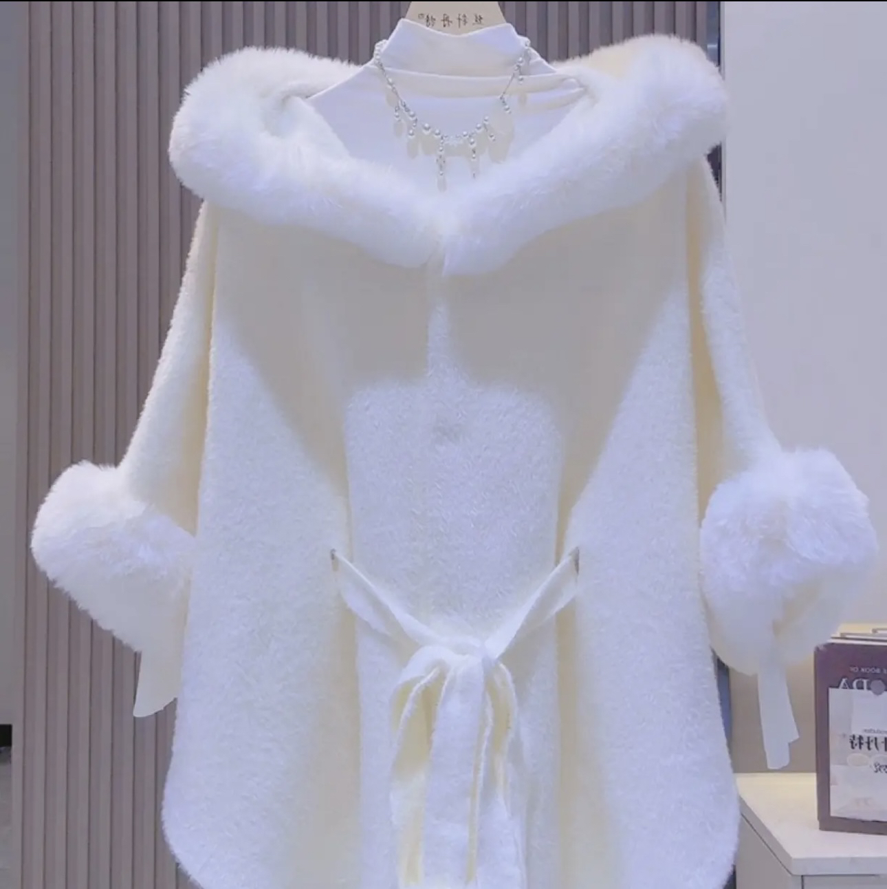 连帽毛领双面仿狐狸毛领斗篷秋冬毛衣新款呢大衣