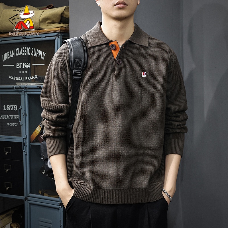 Mexican/稻草人秋冬翻领刺绣针织毛衣男款宽松休闲男士保暖上衣潮