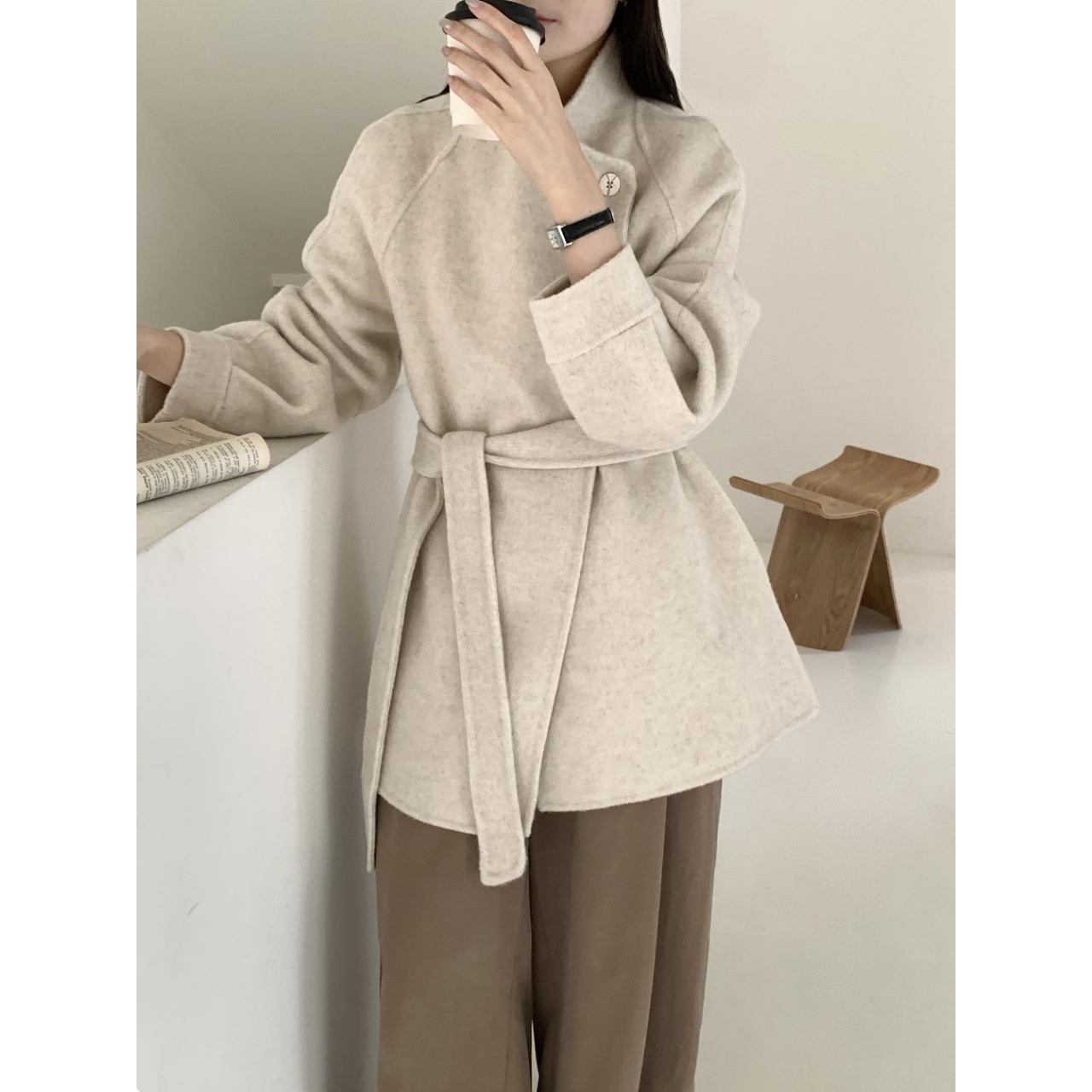 秋冬新款澳洲羊毛双面呢外套女韩版中长款宽松小个子通勤毛呢大衣