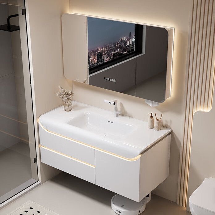 简约智能感应灯奶油风浴室柜组合实木肤感一体洗手池盆柜洗脸盆柜