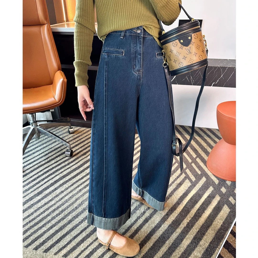 丹宁蓝折边阔腿牛仔裤女2025秋季新款梨形身材遮胯显瘦直筒九分裤