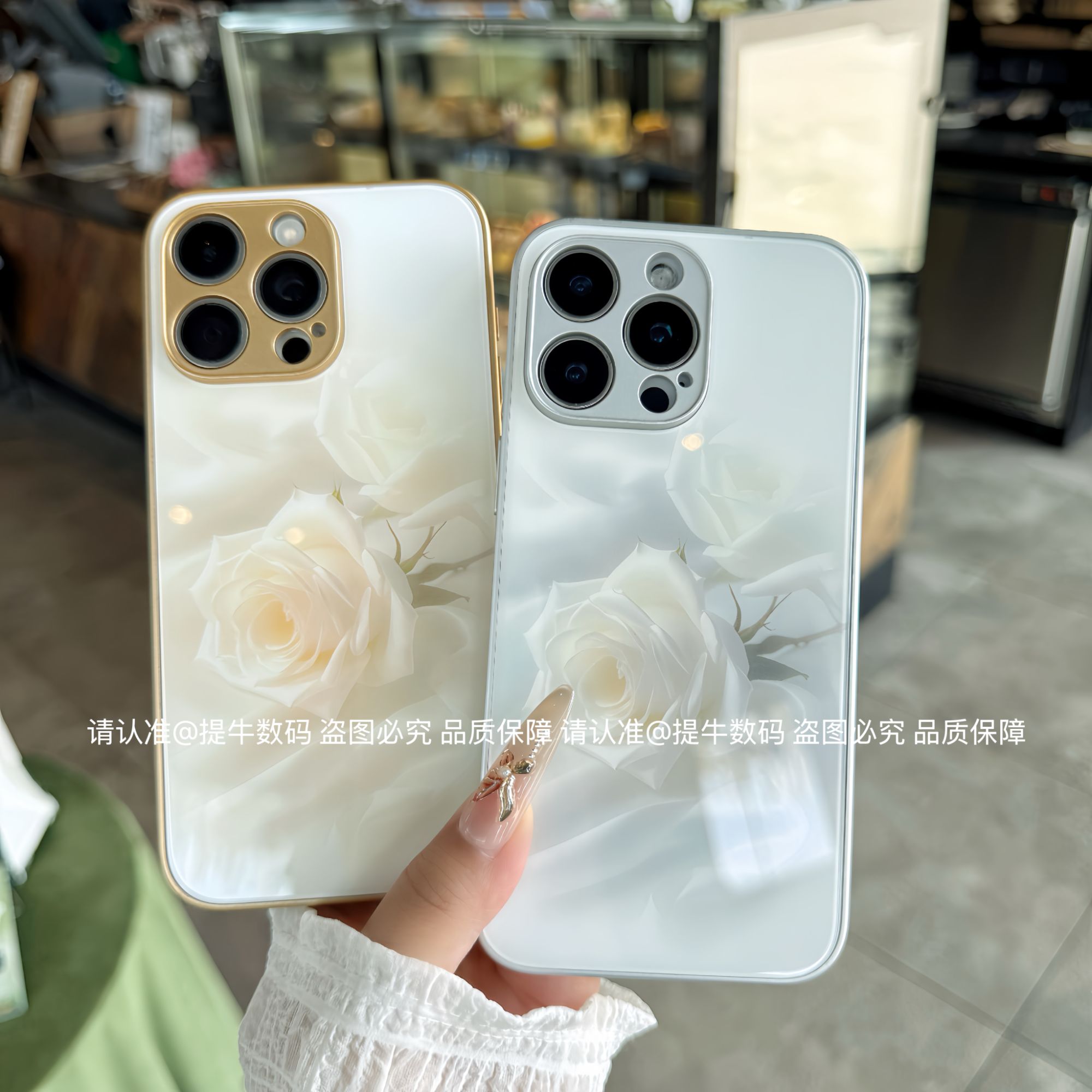 苹果/小米/华为/荣耀/OPPO/VIVO 简约白玫瑰金属漆钢化玻璃手机壳