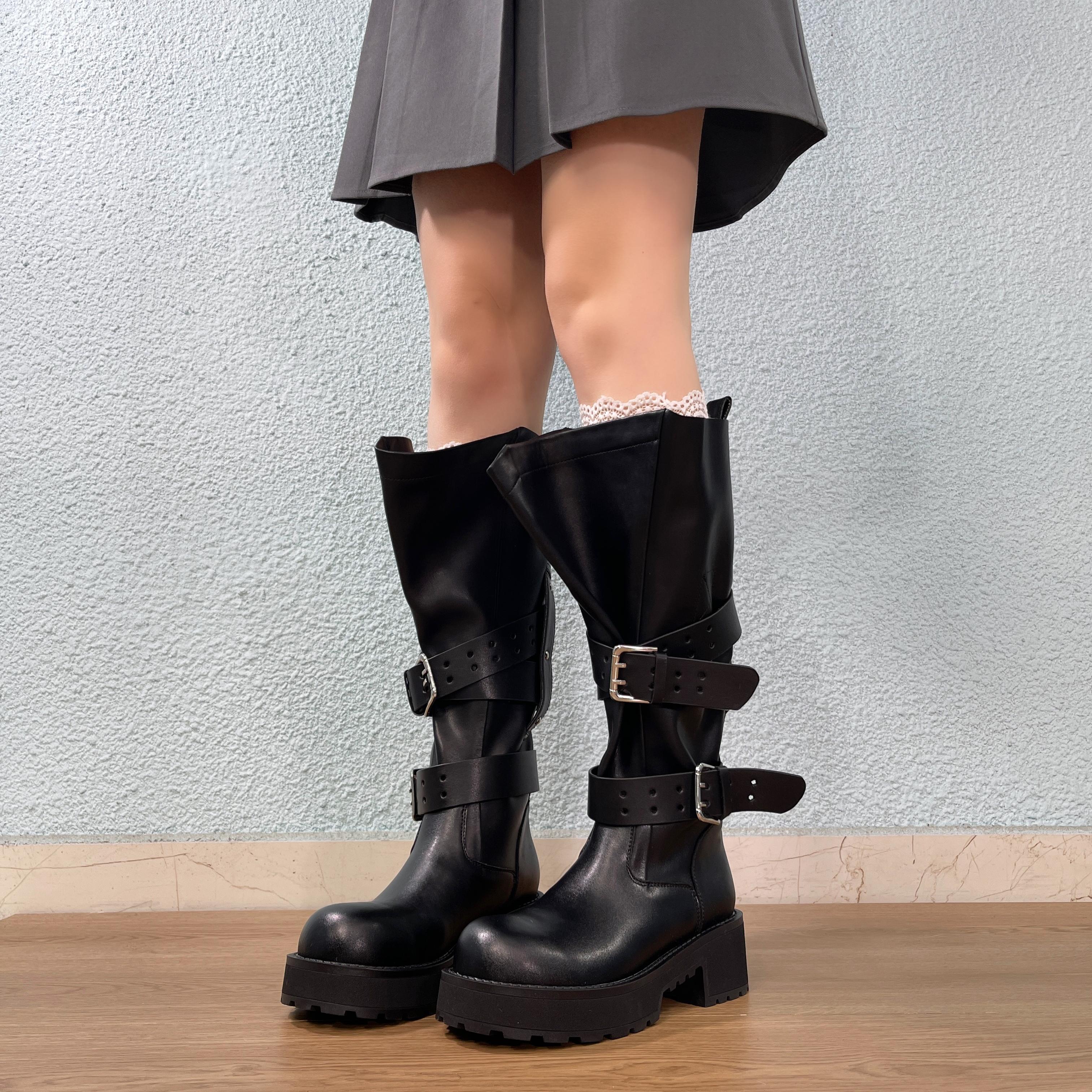 5.5cm 长筒靴超软牛皮大筒围厚底皮带扣长靴秋冬时尚通勤女靴长靴