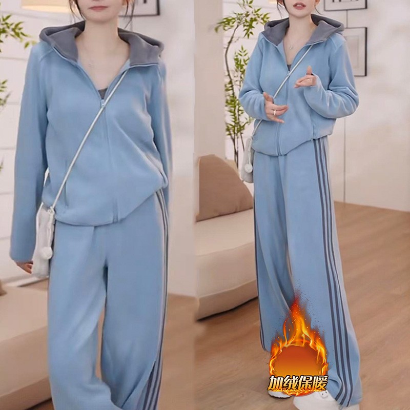 冬季新款韩版设计感宽松简约百搭连帽外套显瘦休闲卫裤加绒两件套