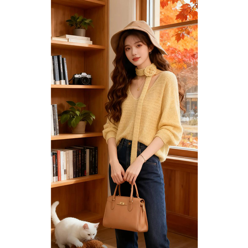 韩系慵懒风高级感气质长袖针织衫女2026冬季宽松显瘦V领潮流上衣