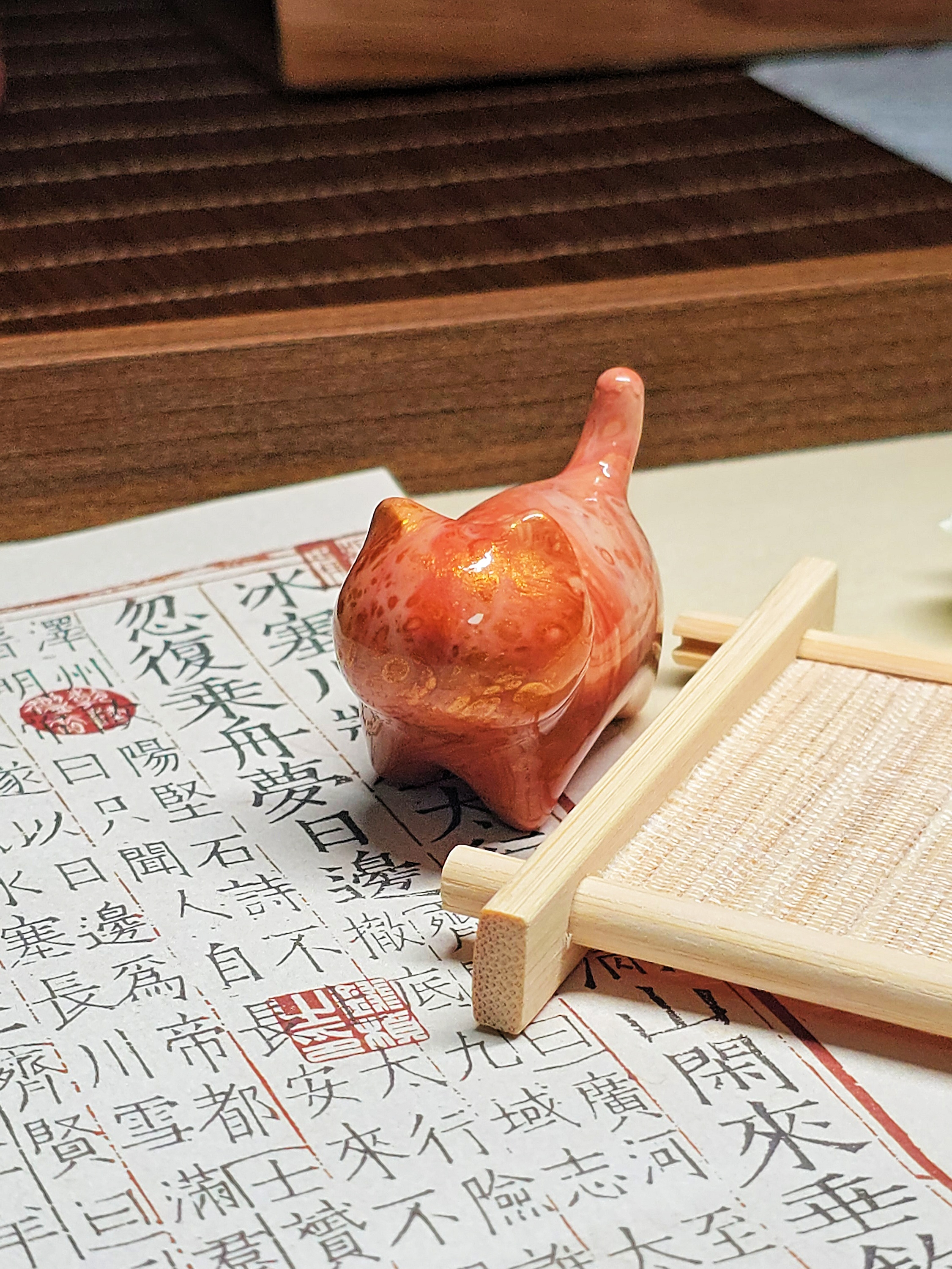 【漂漆猫先生】非遗漂漆工艺手工创意绿檀小猫摆件