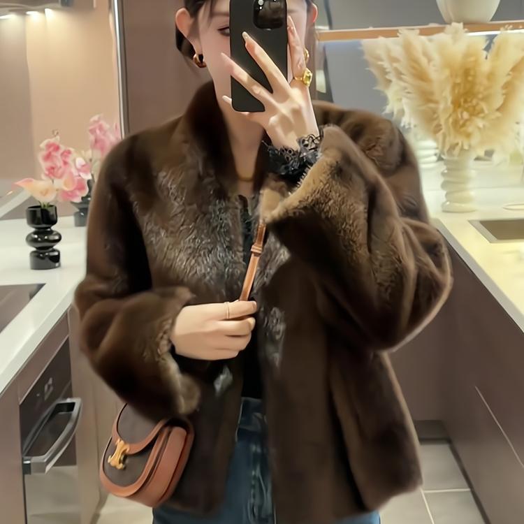 皮毛一体外套女棕色2025韩版麂皮绒环保水貂绒加厚保暖皮草上衣冬