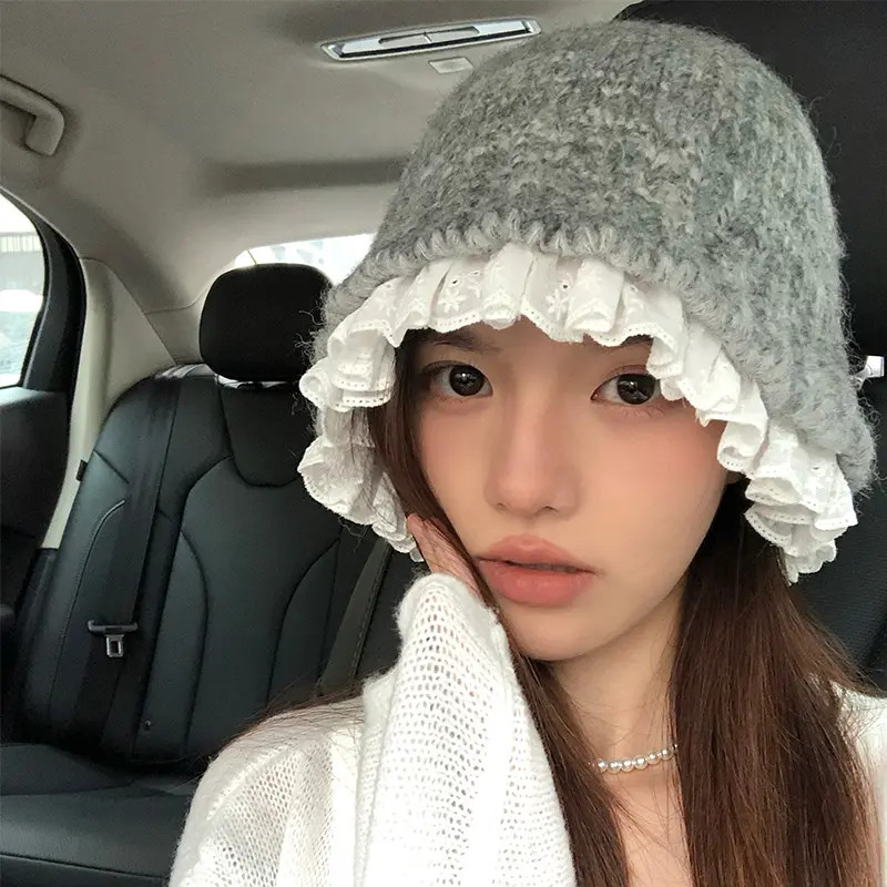 韩系蕾丝花边针织渔夫帽子女秋冬季甜美保暖百搭显脸小毛线盆帽潮