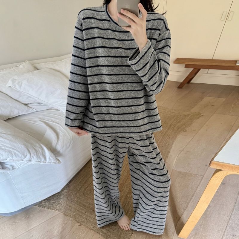 德绒灰色条纹长袖睡衣女秋冬季2025新款简约网红保暖睡衣女秋冬款