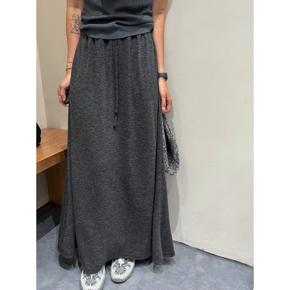 巨舒服！秋款抽绳松紧深灰色针织a字半身裙女伞裙宽松垂感显瘦裙子