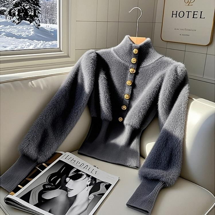 GPUI灰色毛衣内搭打底衫女秋冬洋气高级感气质收腰小香风针织上衣