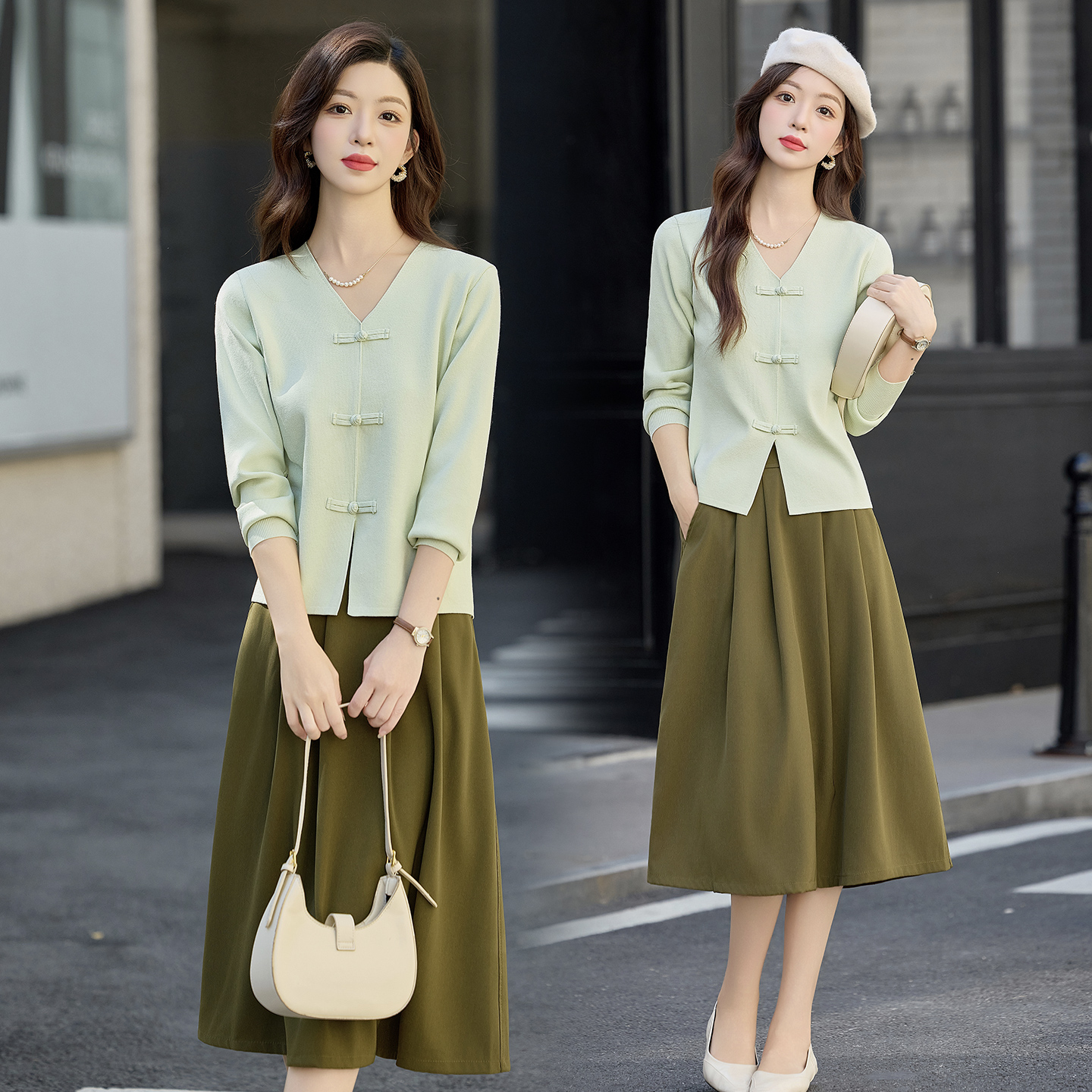 法式复古盘扣针织套装裙女2025春秋新款优雅气质百搭半身裙两件套